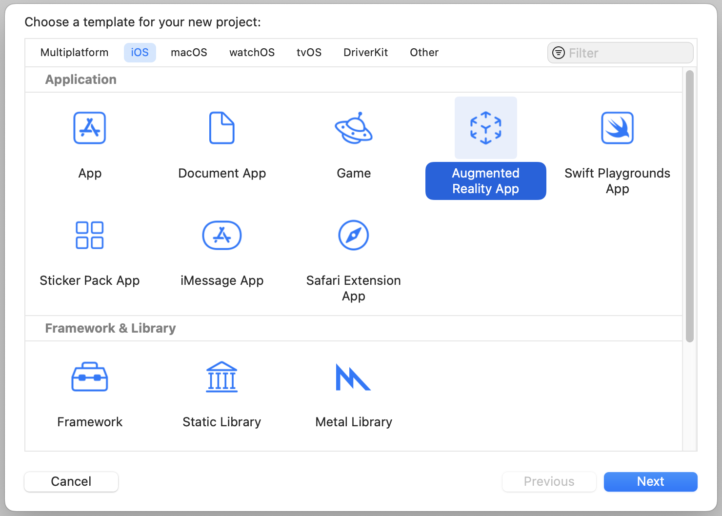 Figure 41.4. Choosing the Augmented Reality App template