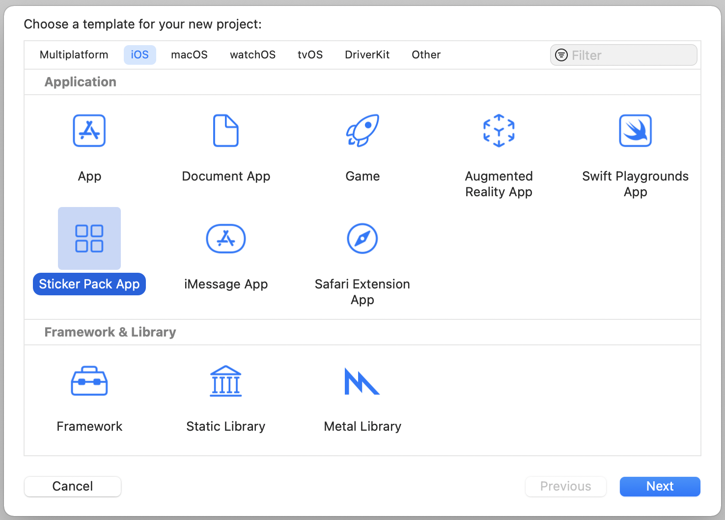 Figure 34.2. Choosing the sticker pack app template