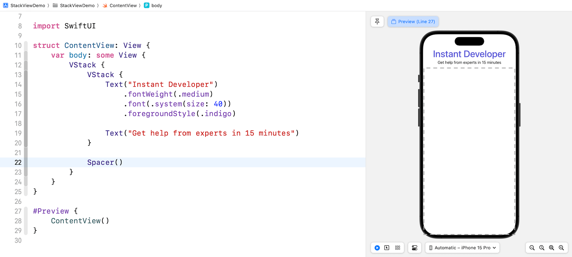 Figure 4-9. Adding a spacer to the root VStack view