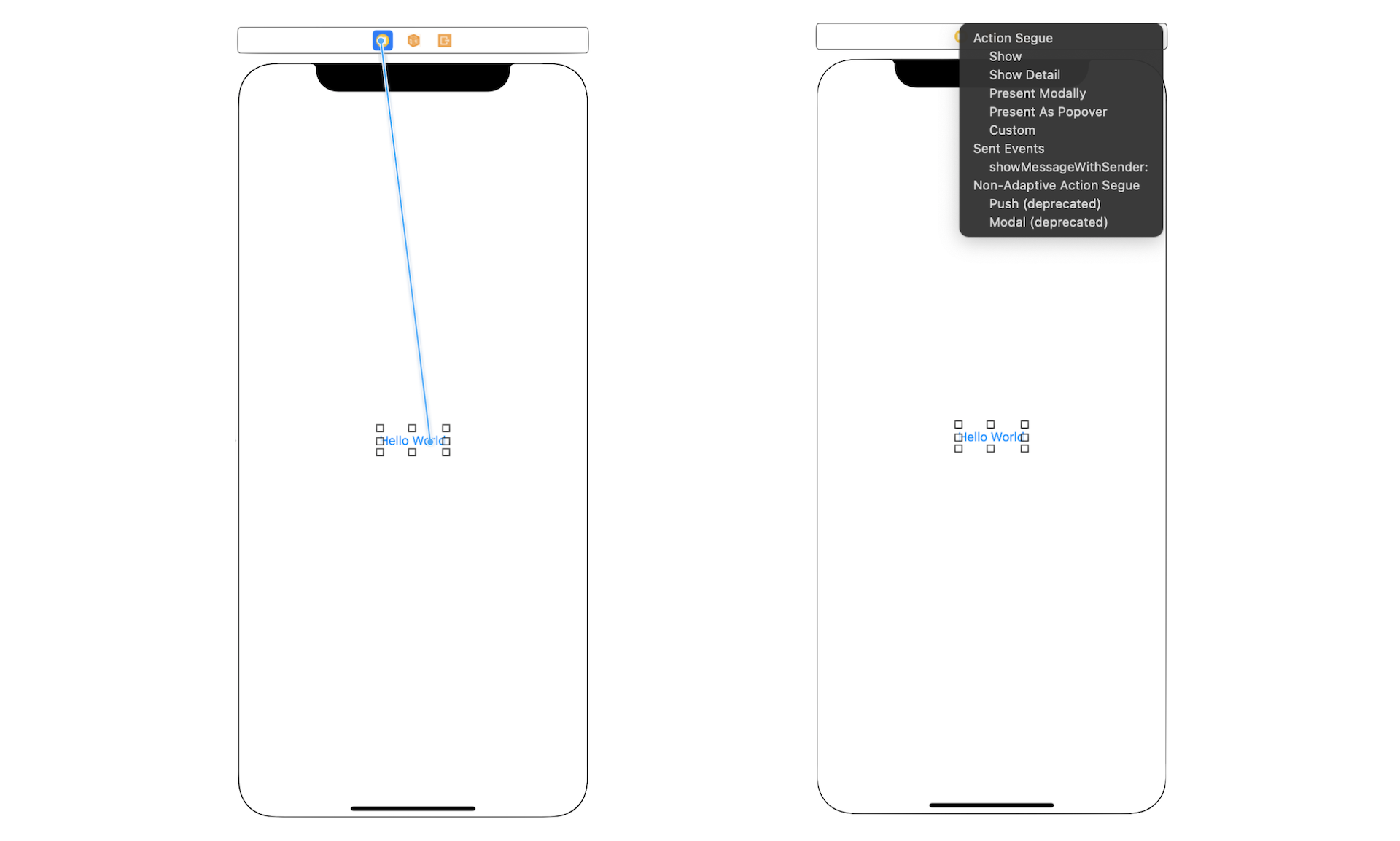 Figure 3-20. Drag to the View Controller icon (left), a pop-over menu appears when releasing the buttons (right)