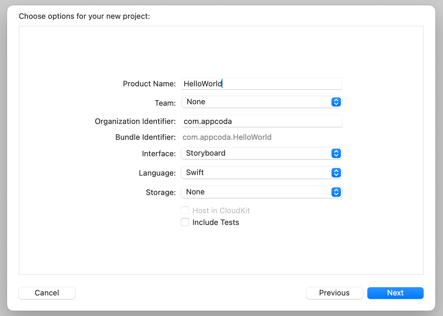 Figure 3-5. Options for your Hello World project